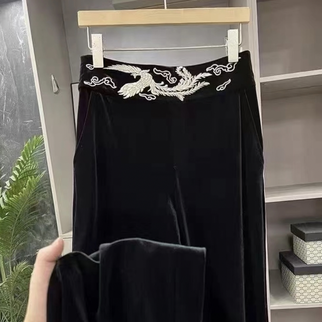 新中式国风绣花凤凰展翅丝绒黑色高腰直筒裤女显瘦百搭休闲