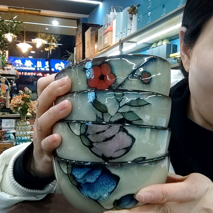 瓷片小可陶瓷高温釉下彩一组四只米饭碗