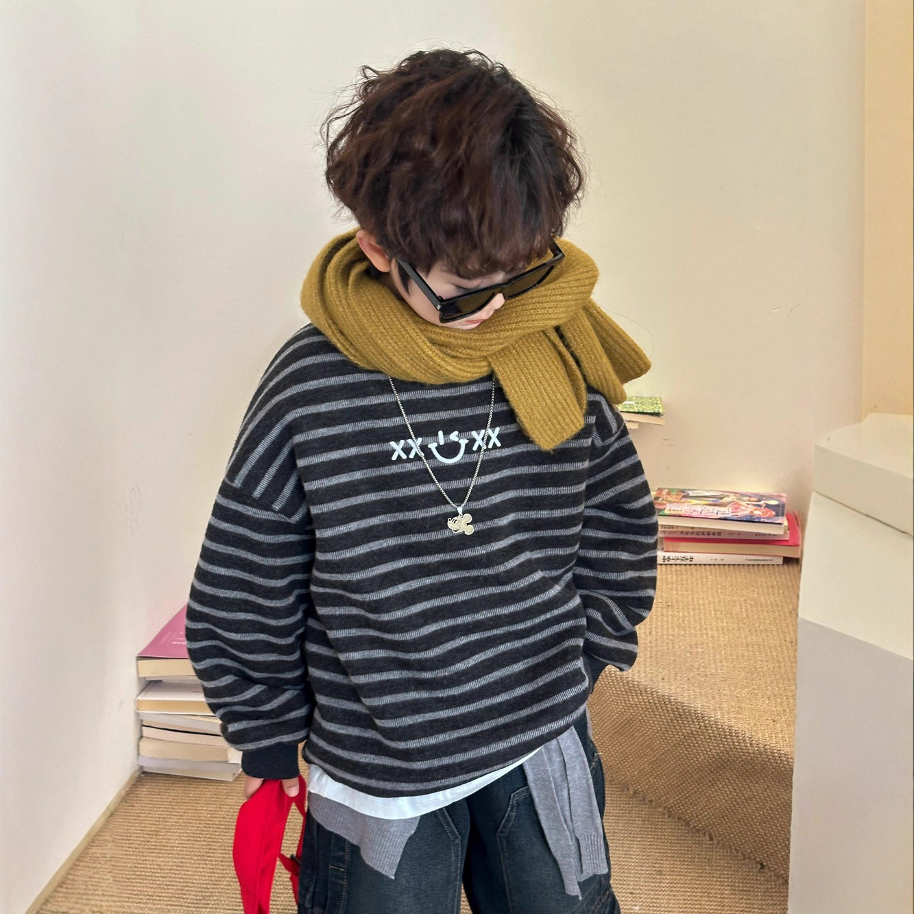 【Tang小白】2025冬季新款针织条纹加绒圆领卫衣笑脸绣花儿童保暖衣