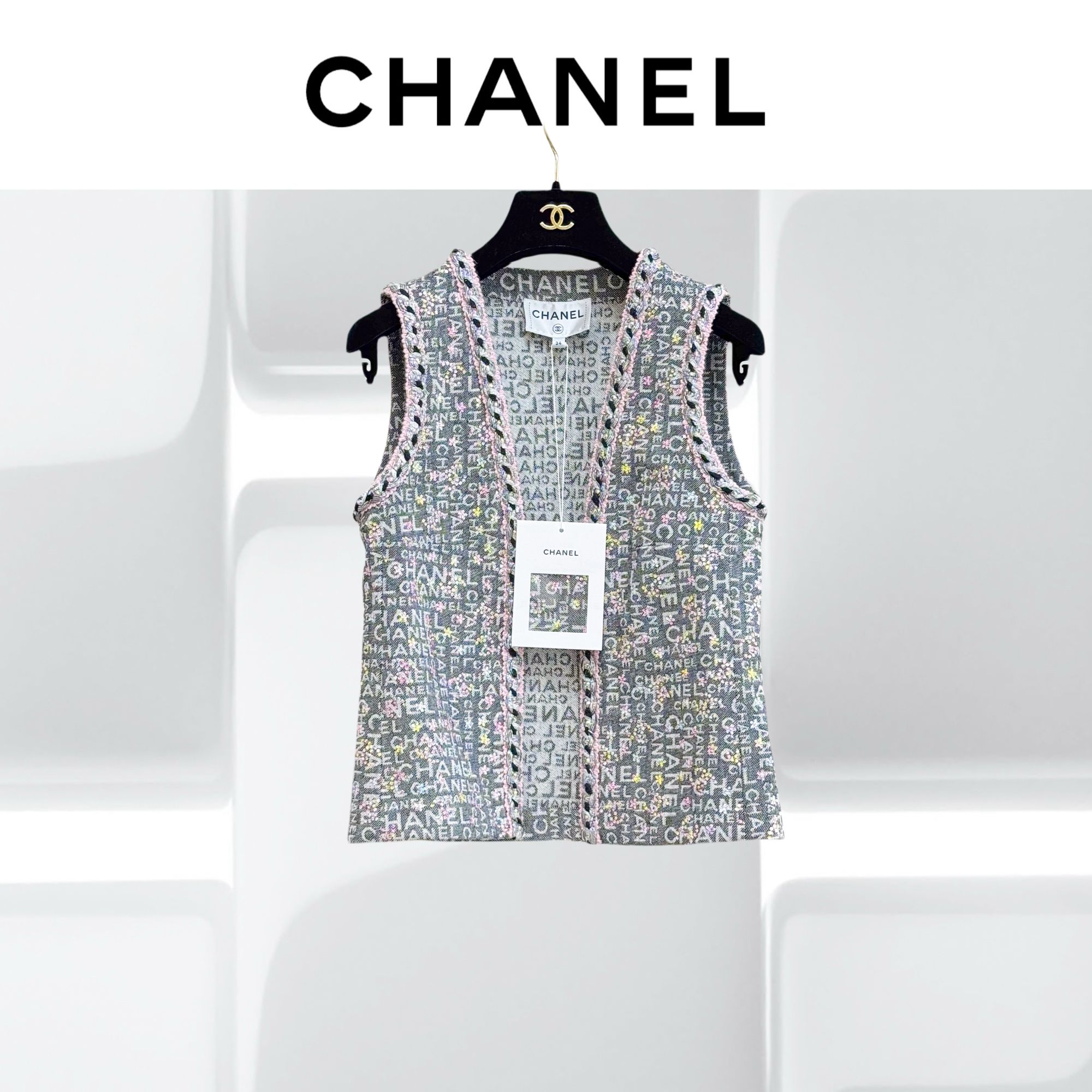99新 Chanel/香奈儿 34码24C拼色刺绣丹宁字母马甲