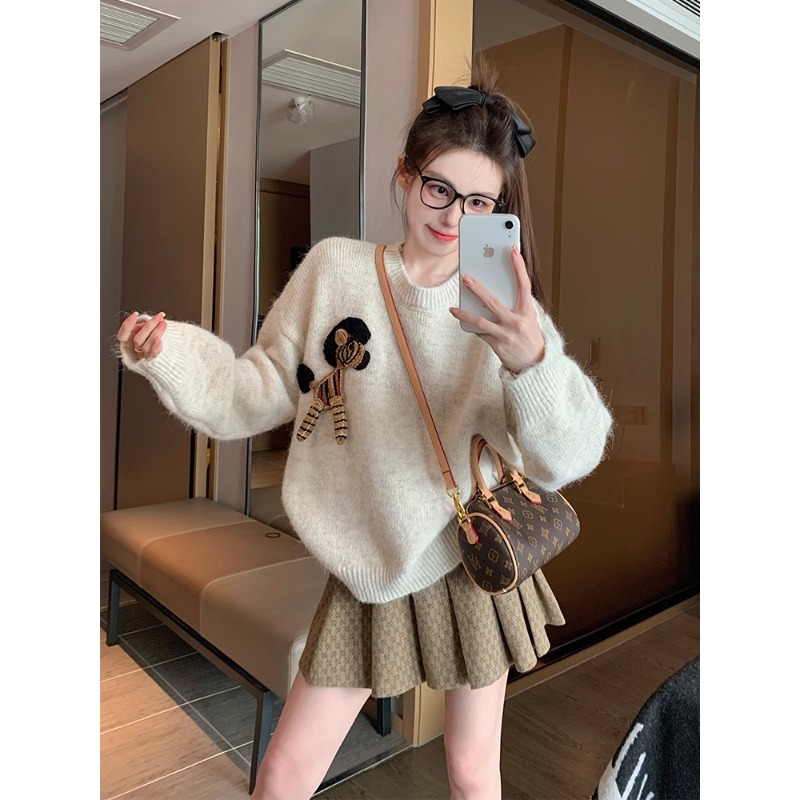 卡通小马套头毛衣女2025新款春秋季加厚慵懒风复古软糯宽松针织衫