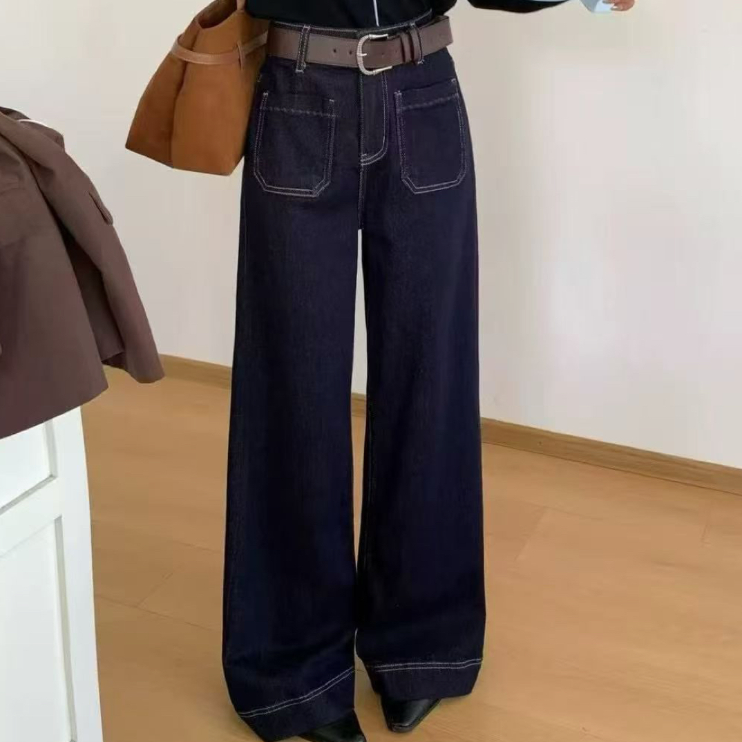 秋季新款高腰显瘦垂感复古直筒牛仔裤女宽松百搭阔腿裤