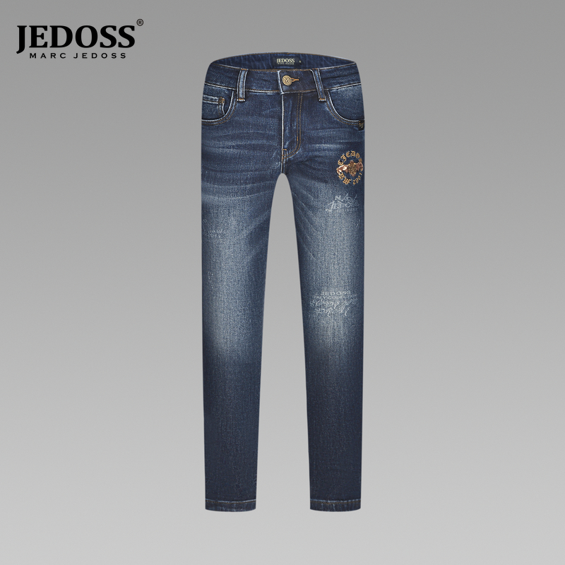 JEDOSS/爵迪斯男装秋冬通勤穿搭简约LOGO珠片绣牛仔长裤BC019