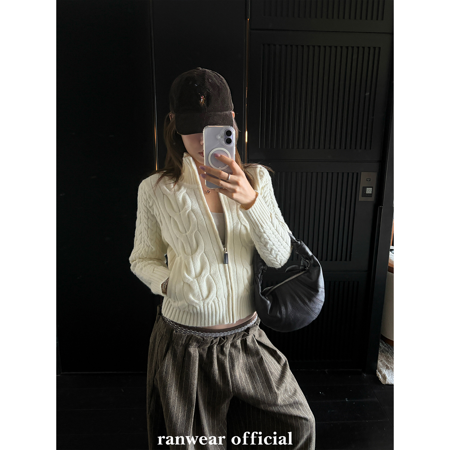 Ranwear獨家!进口机高密织 紫标拉夫系翻立领U型绞花厚针织开衫