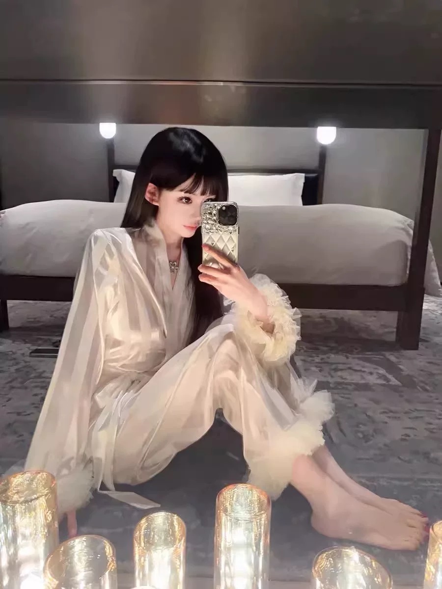 高级感长袖长裤睡衣套装家居服系带薄款可外穿