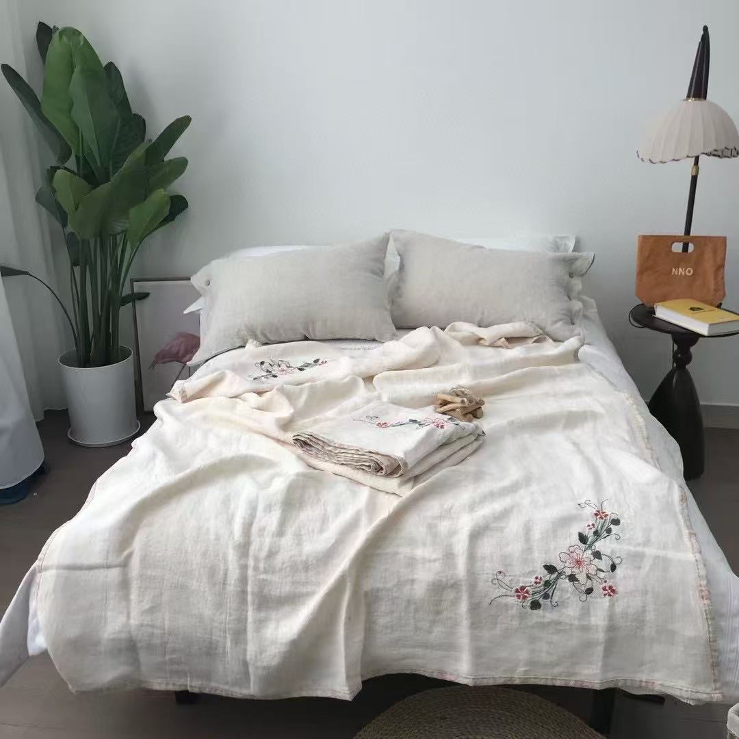 木汀家-汉麻手绣毯 雨露麻刺绣盖毯/毛巾被/沙发巾/床单