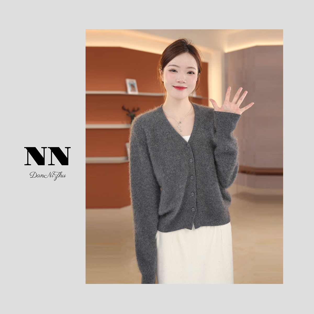 百俪薇姿纯色百搭气质通勤V领羊绒开衫秋冬时尚宽松型A07-9069