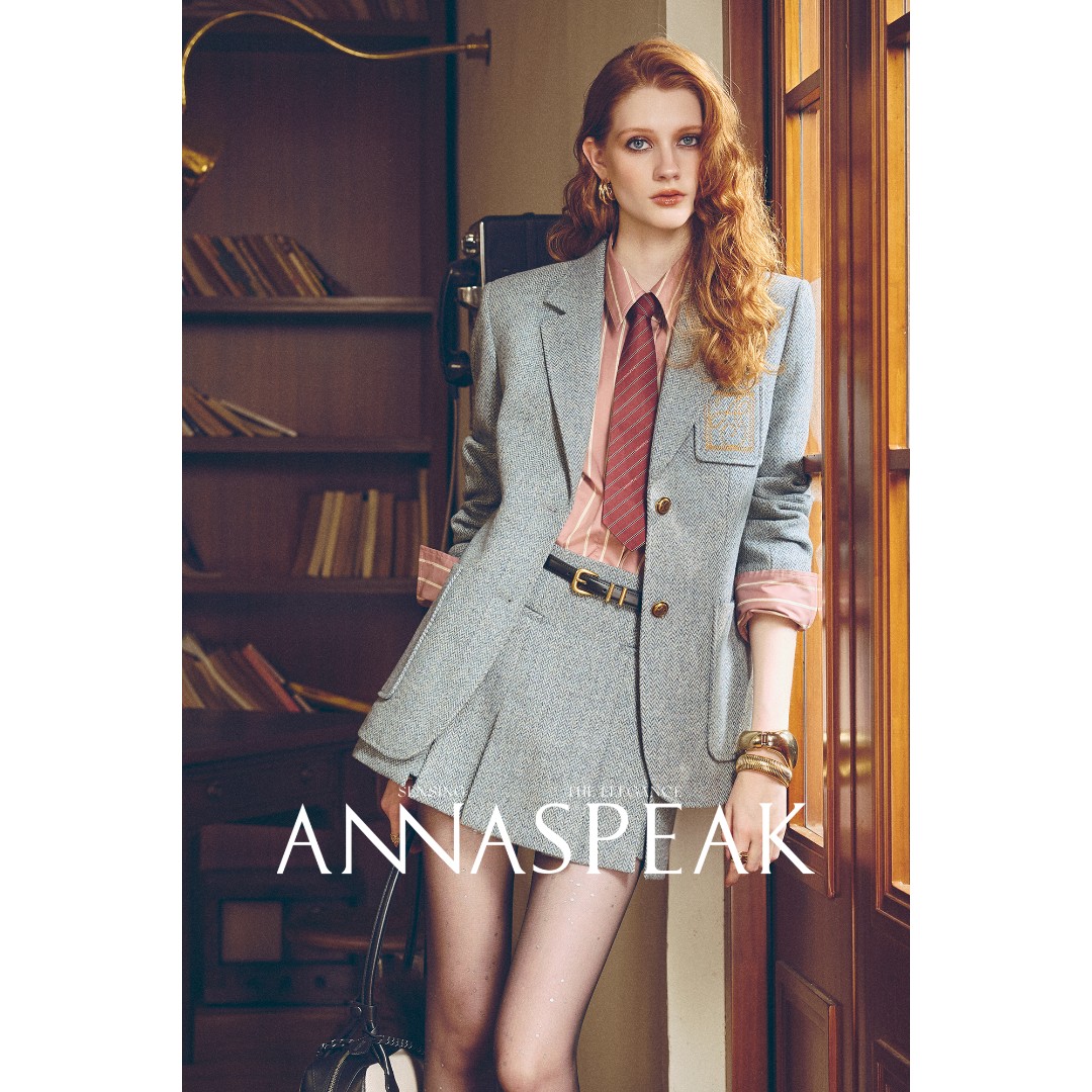 ANNASPEAK红标欧洲Fitecom人字纹初剪羊毛/真丝羊毛刺绣西装秋冬