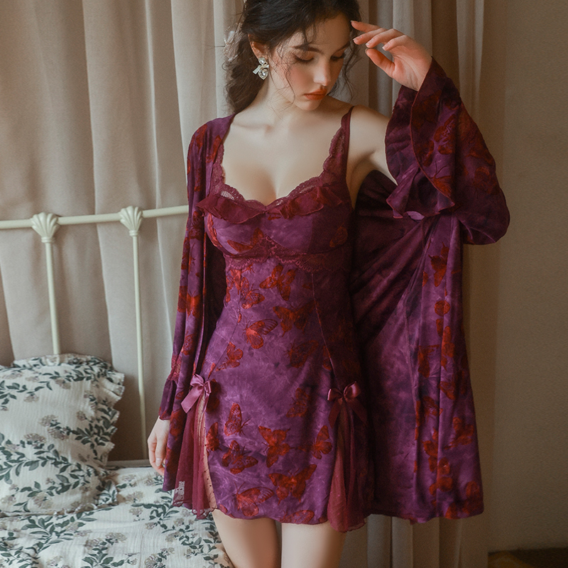 睡衣女款爆款2025新款秋冬长袖性感露背蕾丝胸垫睡裙外袍女套装