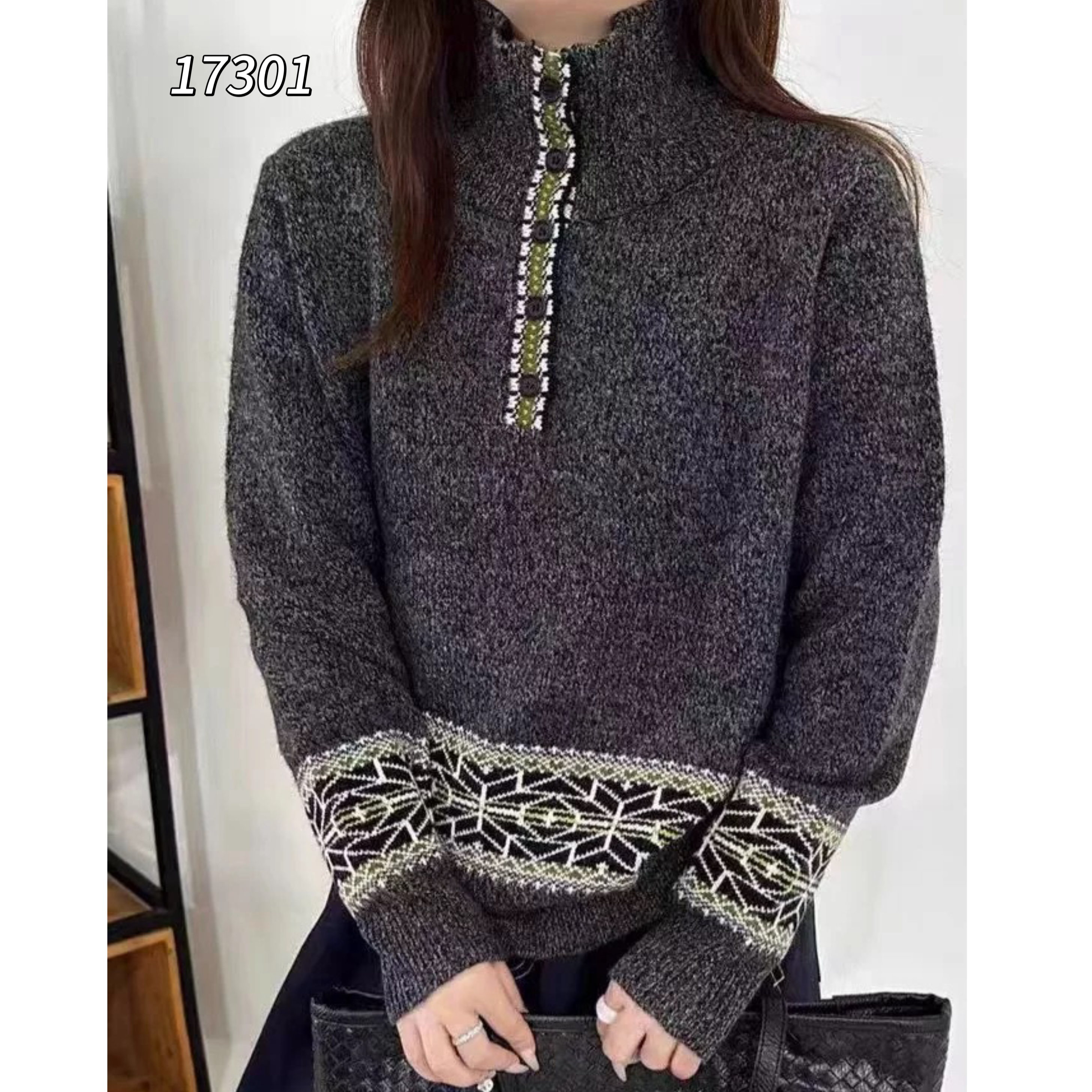17301 CHUXUN（部无水洗唛介意慎拍)翻领复古拼色长袖针织衫