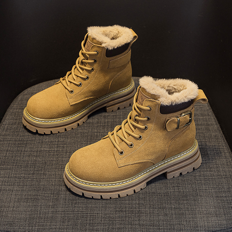 磨砂皮丁靴女2024冬季新款毛毛鞋内棉鞋复古百搭保暖工装靴