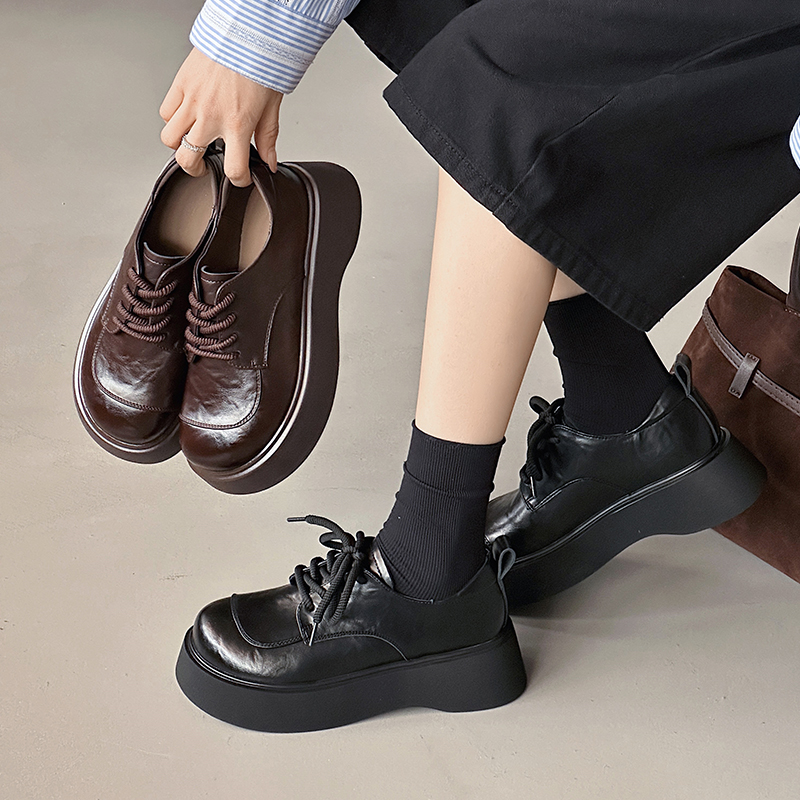 潮流伴侣英伦风小皮鞋女2025早春新款圆头单鞋百搭系带黑色乐福鞋