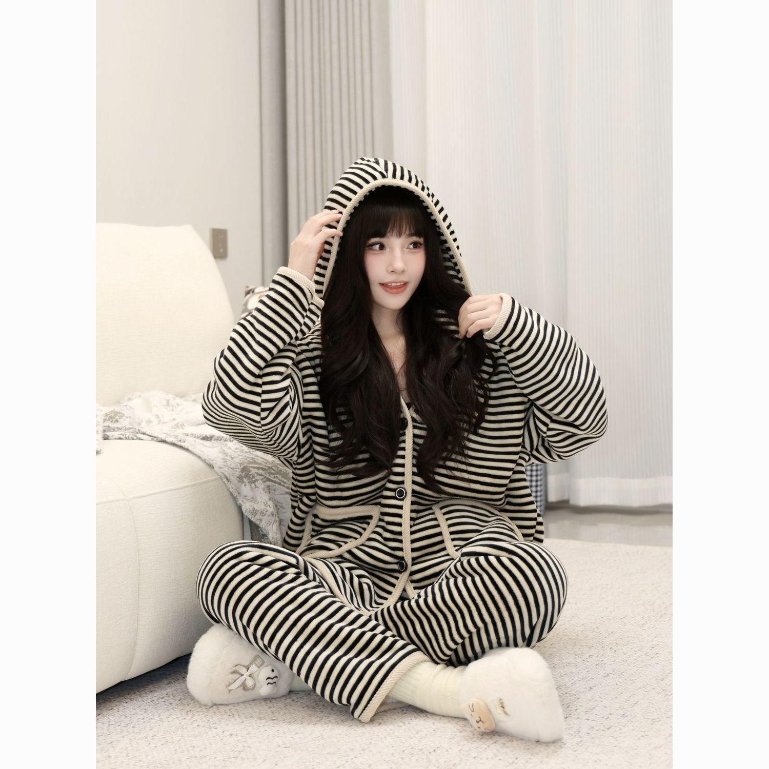 【加厚绒】女士冬季加厚加绒条纹连帽睡衣家居服套装