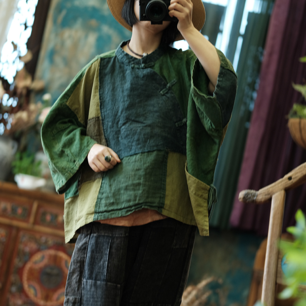 款落古泥轻定制毛边斜襟盘扣宽松拼接麻衫复古文艺穿搭2085绿拼