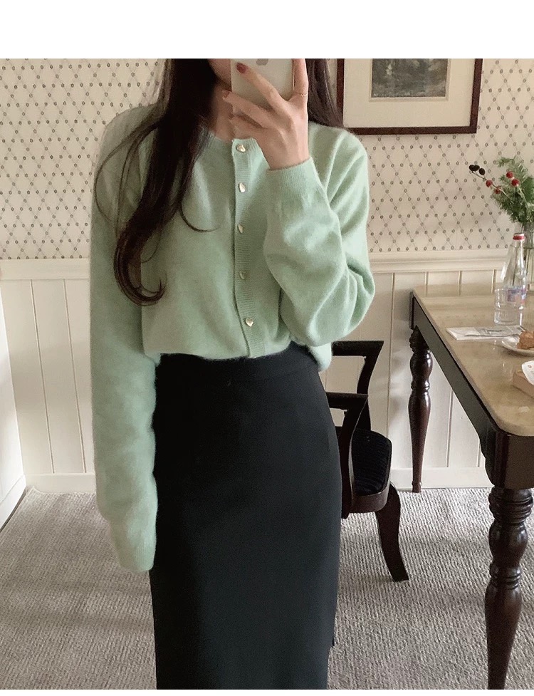 爱心扣设计~女韩版纯色镂空纽扣针织开衫毛针织衫秋季开衫设计感