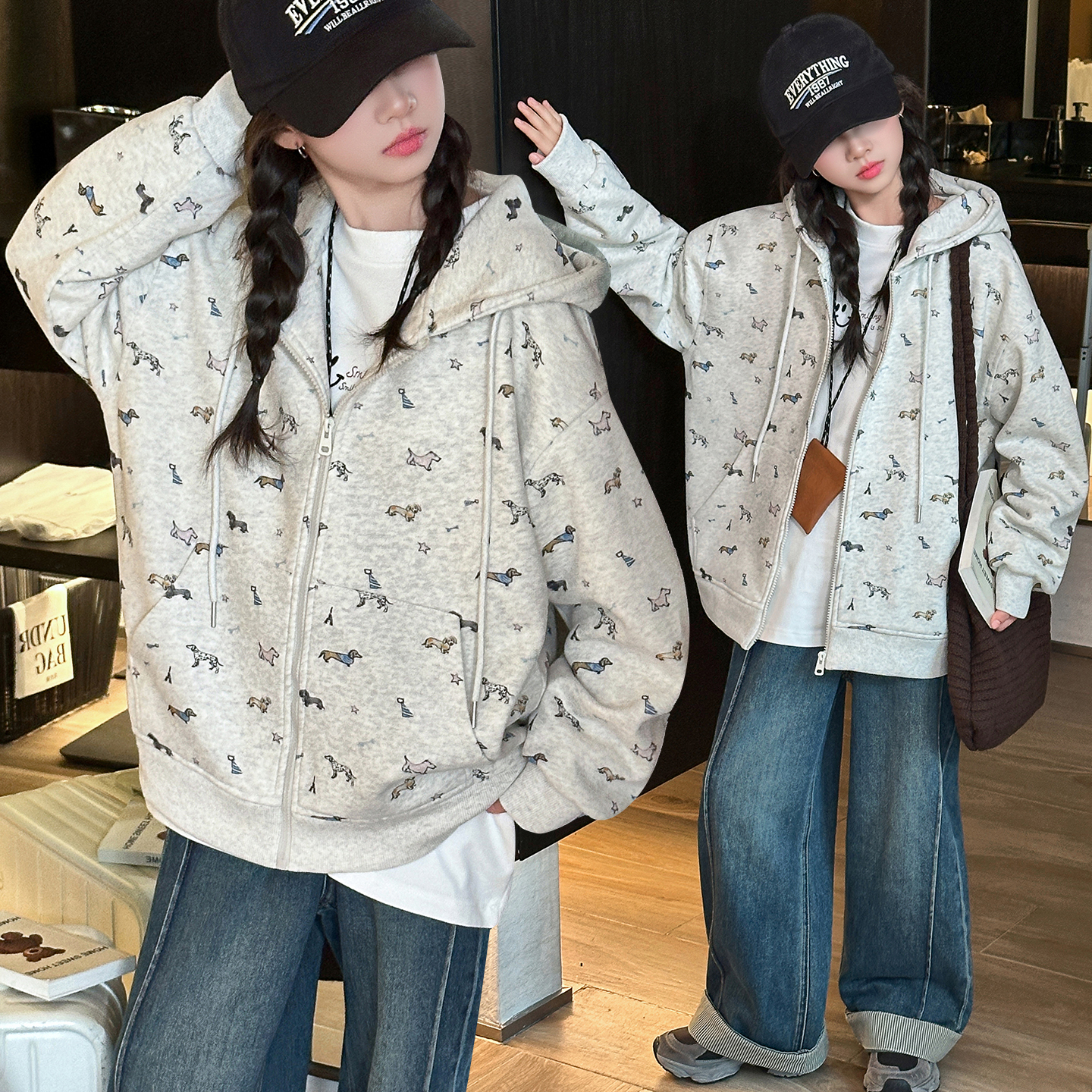 女童春秋新款韩系卡通腊肠狗连帽卫衣中大童女孩可爱休闲外套9-15