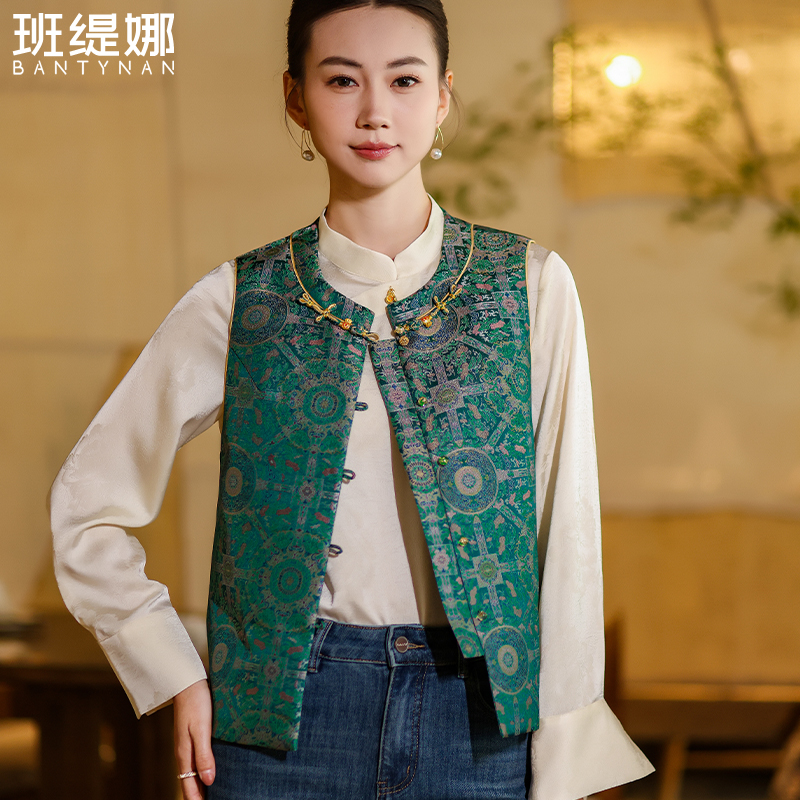 中国风时尚马夹挂脖印花国风复古短款马甲中式民族风提花绿色春秋