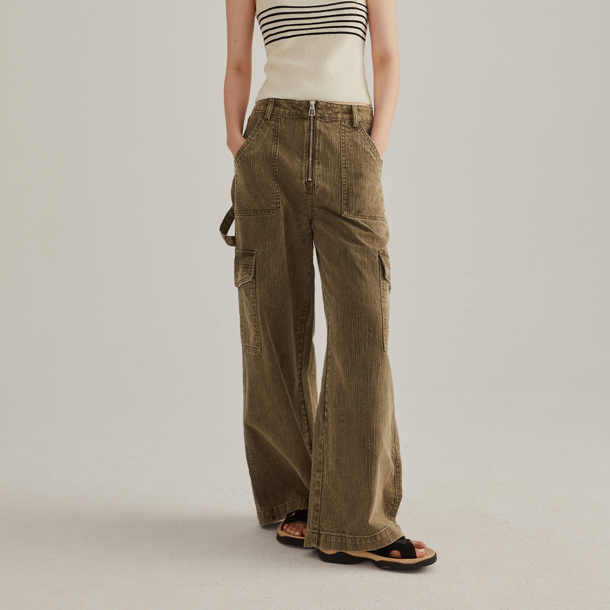 黑标高腰拉链工装牛仔裤女直筒宽松复古怀旧美式百搭裤子