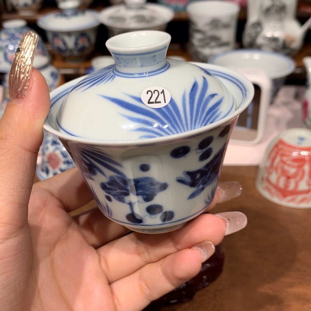 摆件落**枫221青花鱼藻盖碗啦啦啦啦
