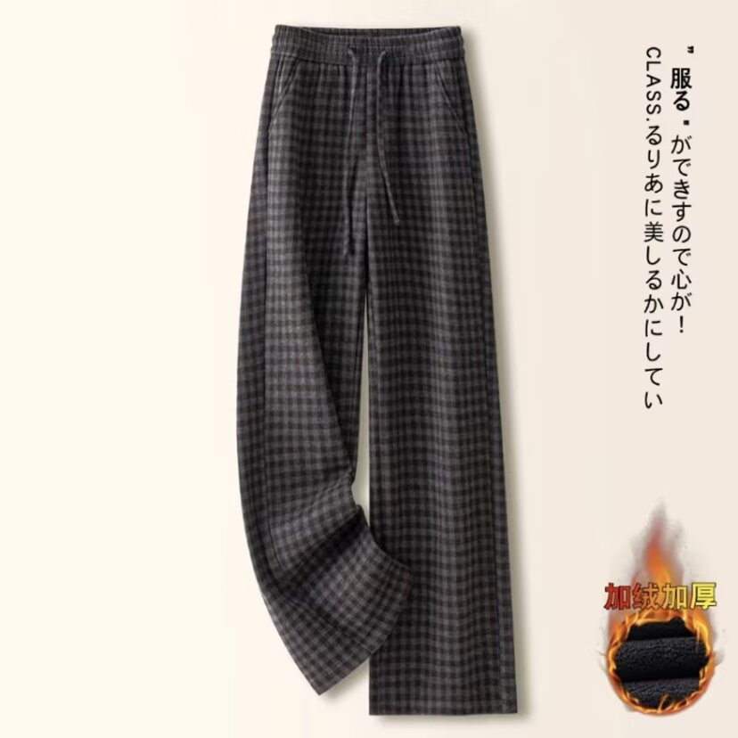 秋冬季新款加绒保暖格纹阔腿裤休闲毛呢格子裤高腰显瘦宽松长腿