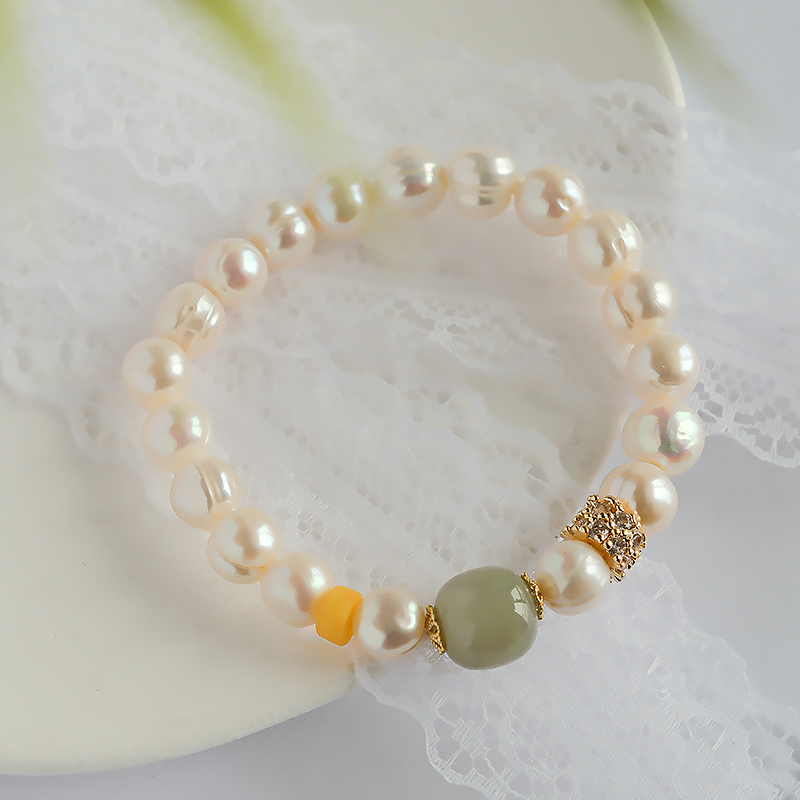 设计款单圈温柔百搭淡水珍珠和田玉手链-6863