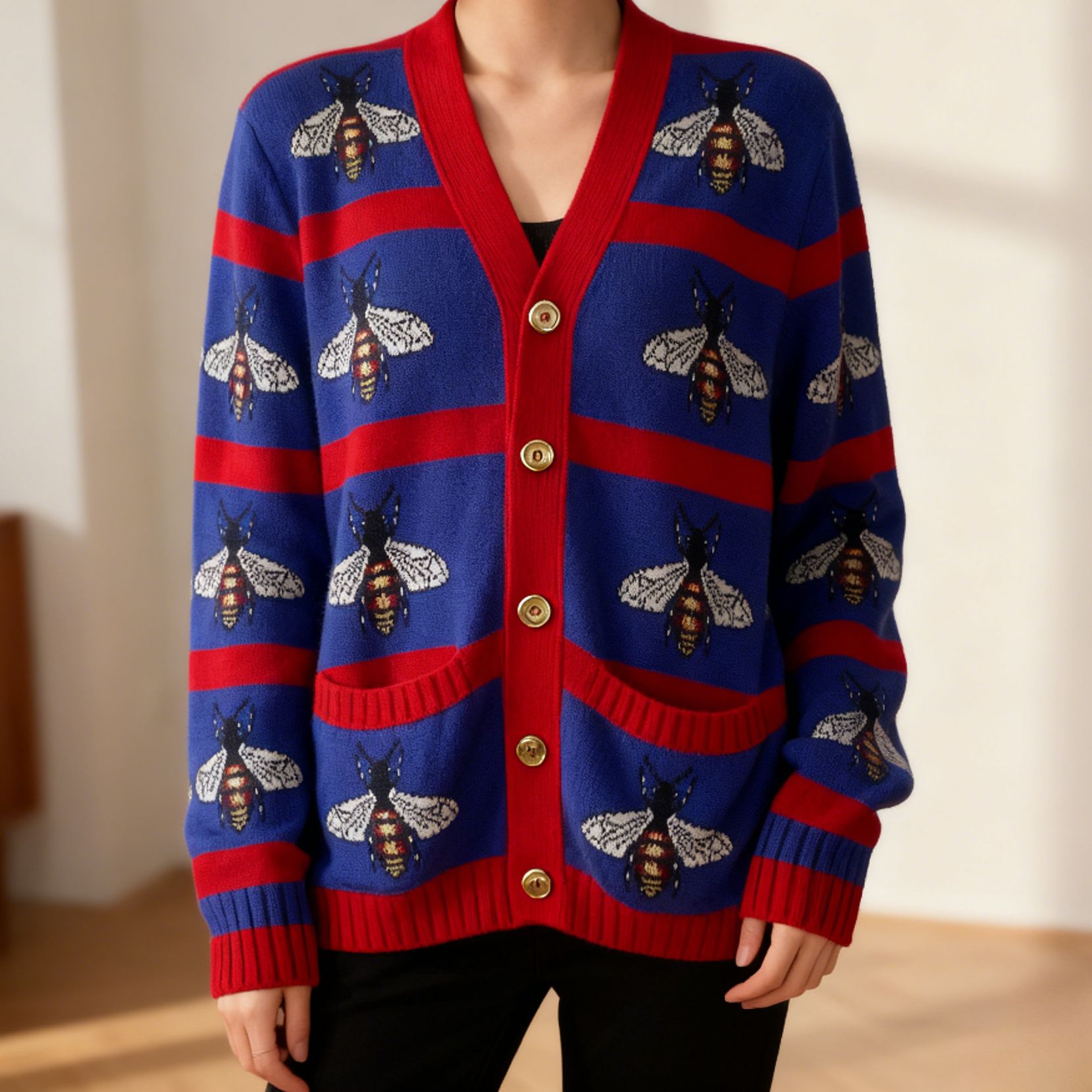 99新 GUCCI/古驰 JB017 红蓝 条纹 开衫 99新 M码 肩宽41 胸围102