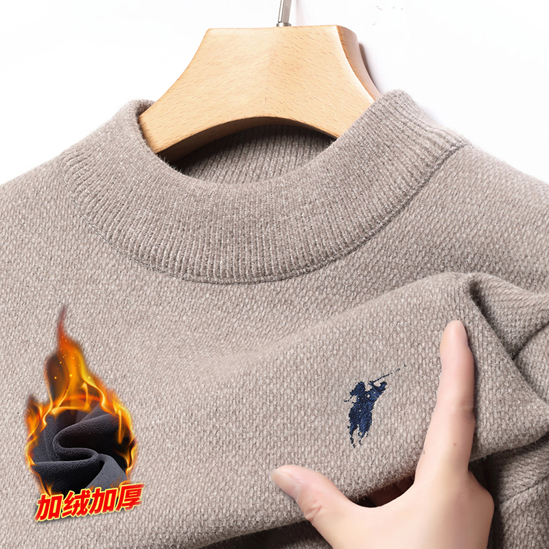 新款刺绣半高领毛衣男士加绒加厚冬季保暖针织衫上衣不起球打底衫
