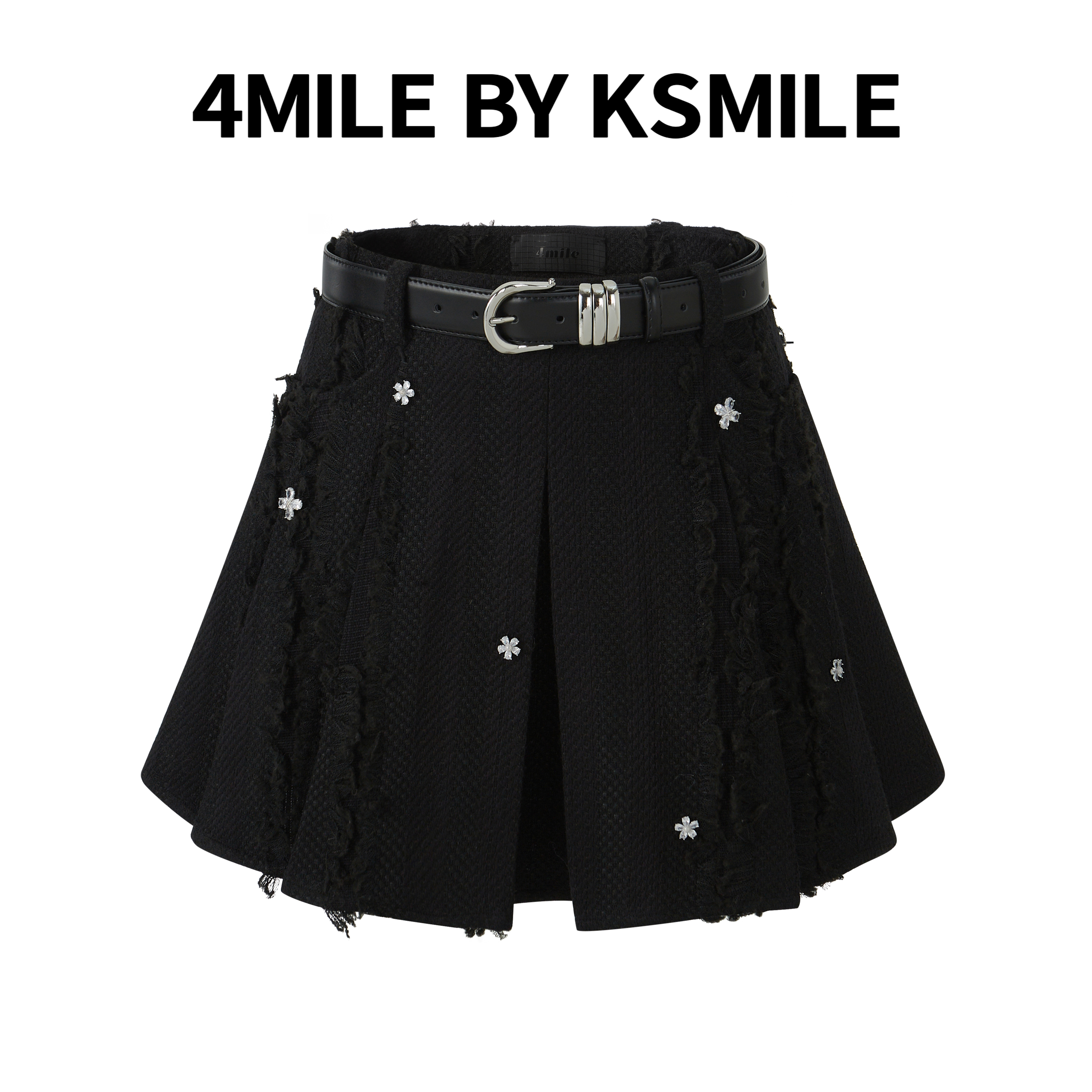 4MILE BY KSMILE春秋闪钻花朵装饰高腰流苏腰带短款A字半身裙  