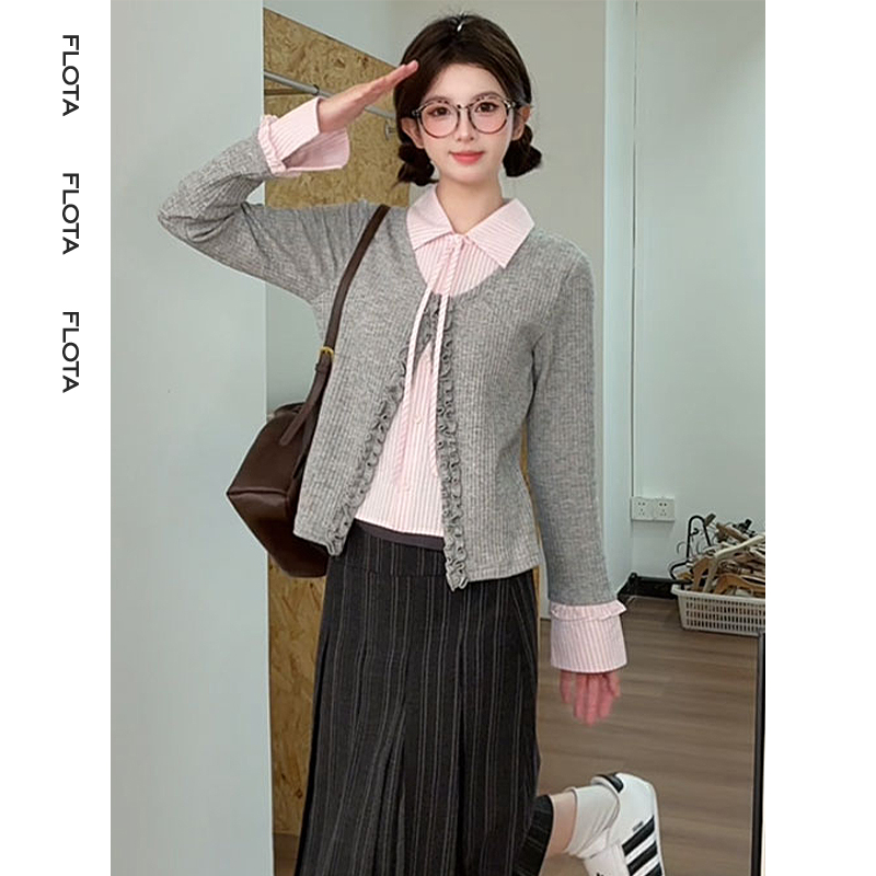 【flota】学院风粉色条纹蝴蝶结针织衫拼接灰色花边假两件上衣2772