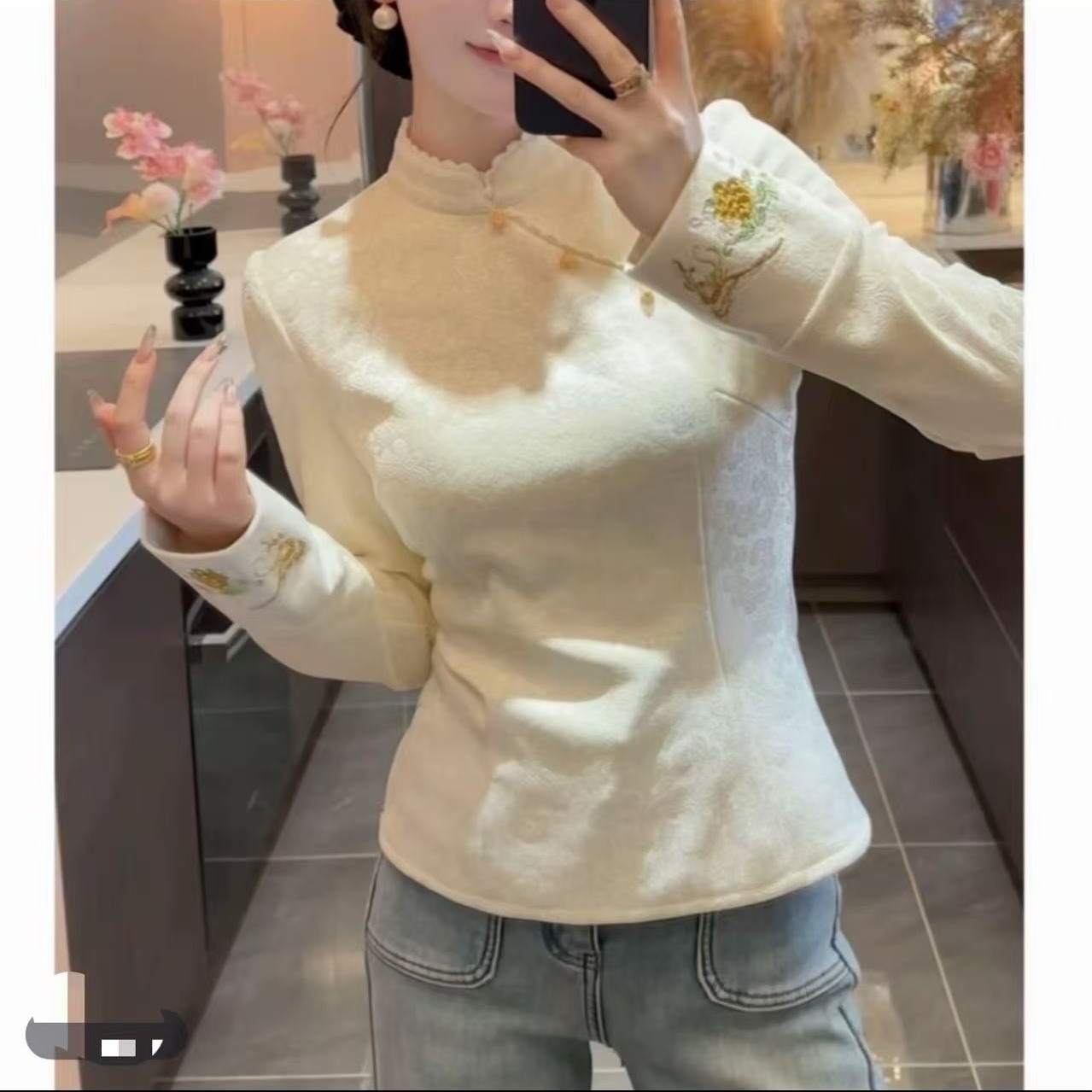2476国潮中式重工刺绣立领斜襟盘扣加绒秋冬冬季修身打底衫加厚鸿