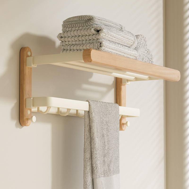 原木风毛巾架免打孔日系奶白浴室高端壁挂式浴巾浴室浴巾置物架