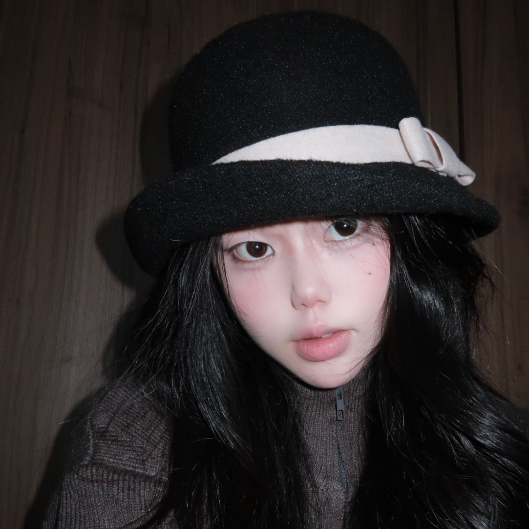 法式千金赫本风复古蝴蝶结圆顶毛呢礼帽女秋冬优雅气质渔夫帽子