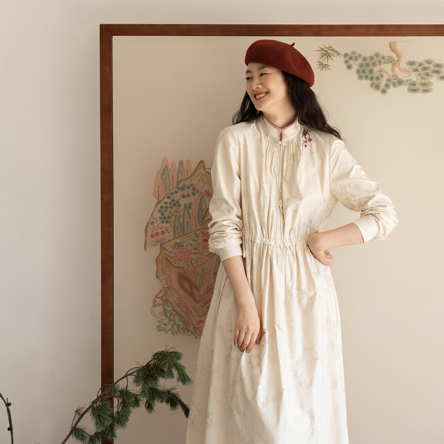 牧衣游原创 29姆米重磅真丝混纺提花手工刺绣连衣裙宽松古朴 述光