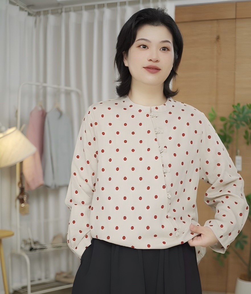 秋季新款斜门襟新中式亚麻印花长袖立领衬衫国风
