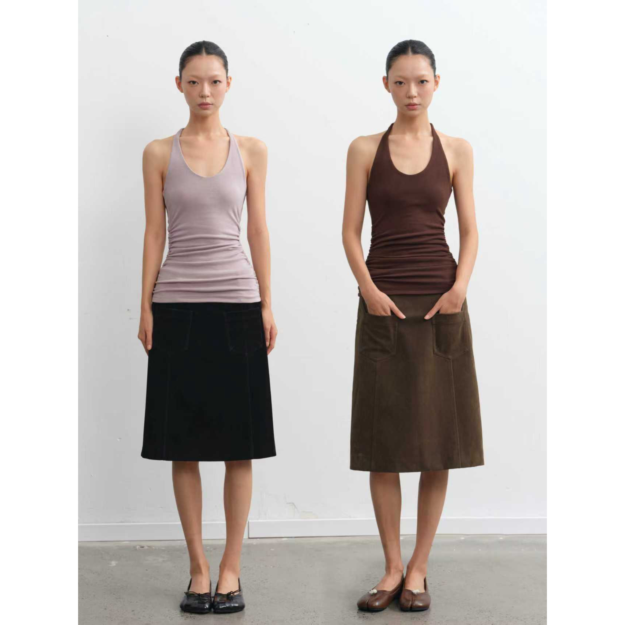LINY LIBERTY  25AW  设计感纯色修身抽褶挂脖背心W16259090