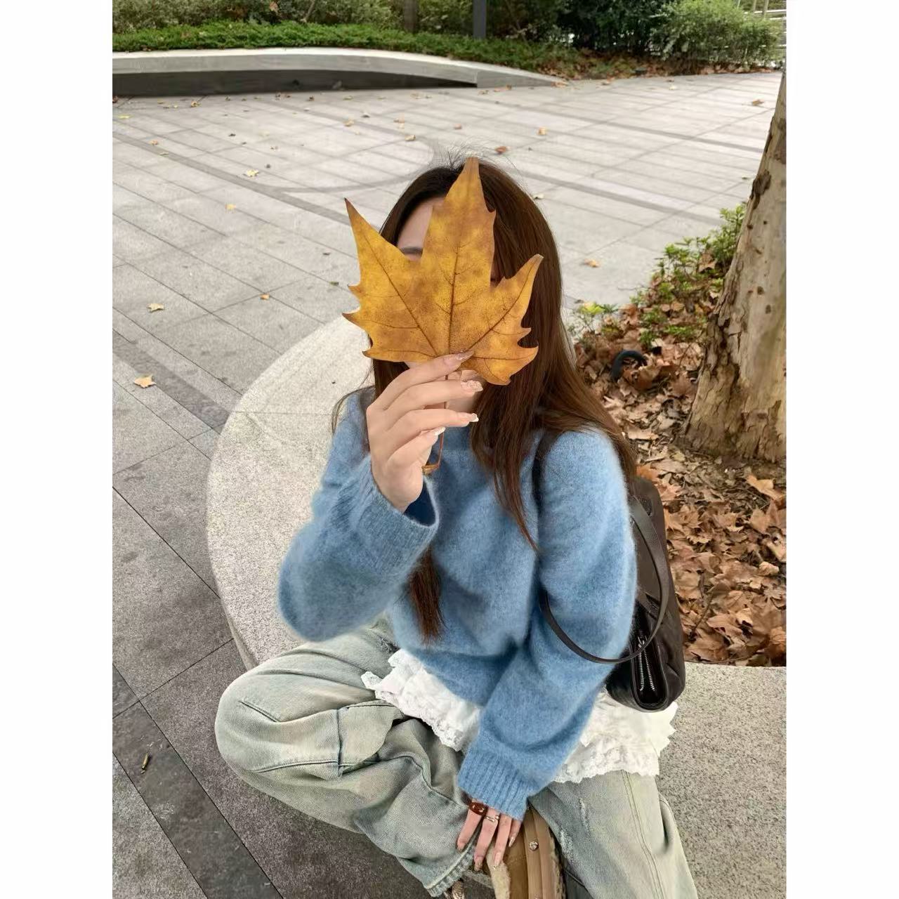 6202【臻炫女装】蓝霜枫露~冬季新款高级设计圆领时尚百搭拉绒上衣