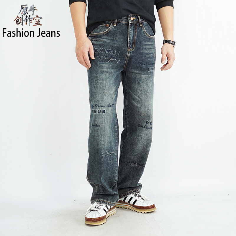 新款刺绣加印花复古洗水牛仔裤男潮牌直筒宽松休闲阔腿裤男士