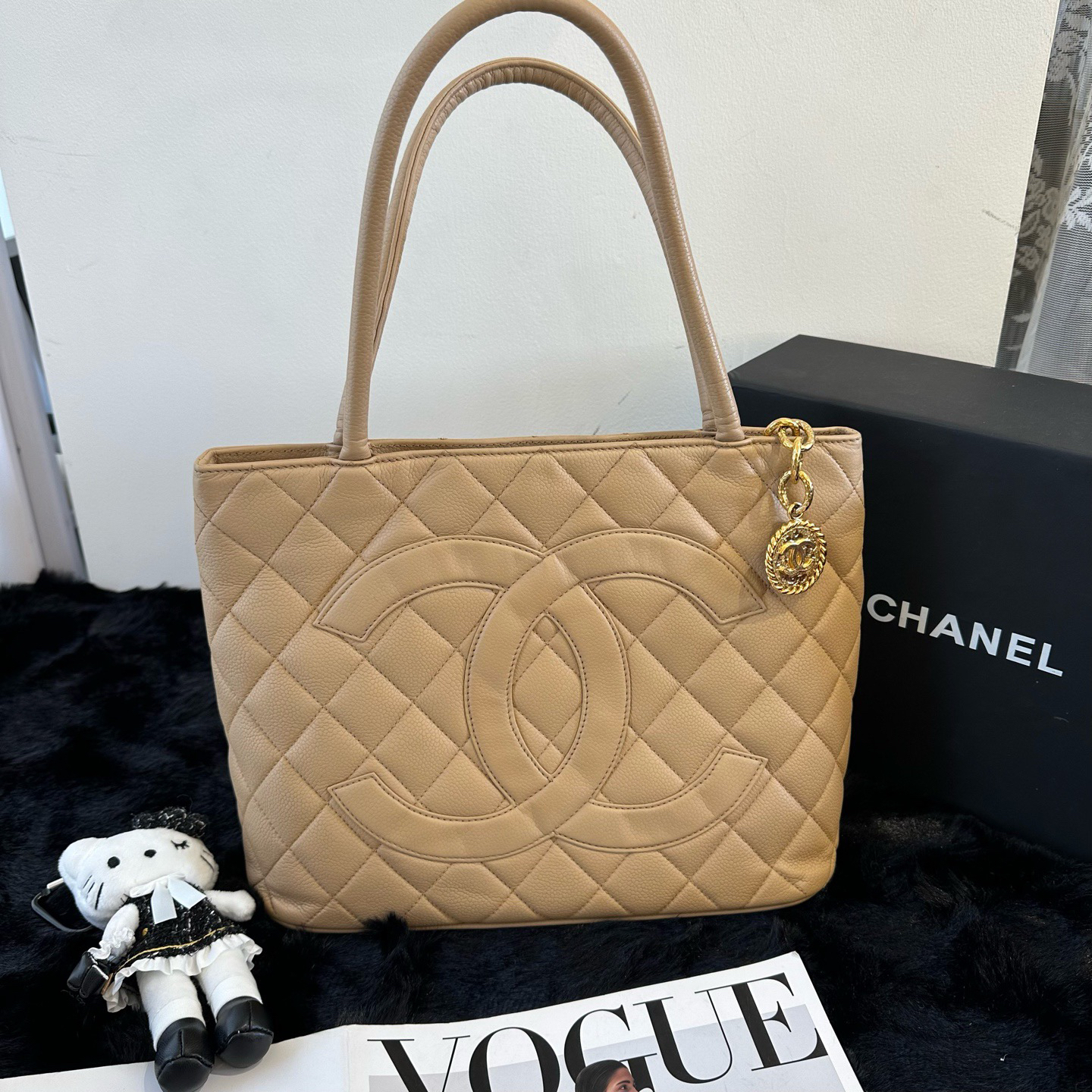 95新 Chanel/香奈儿 香奈儿 奶茶色金币荔枝纹希尔顿单肩包