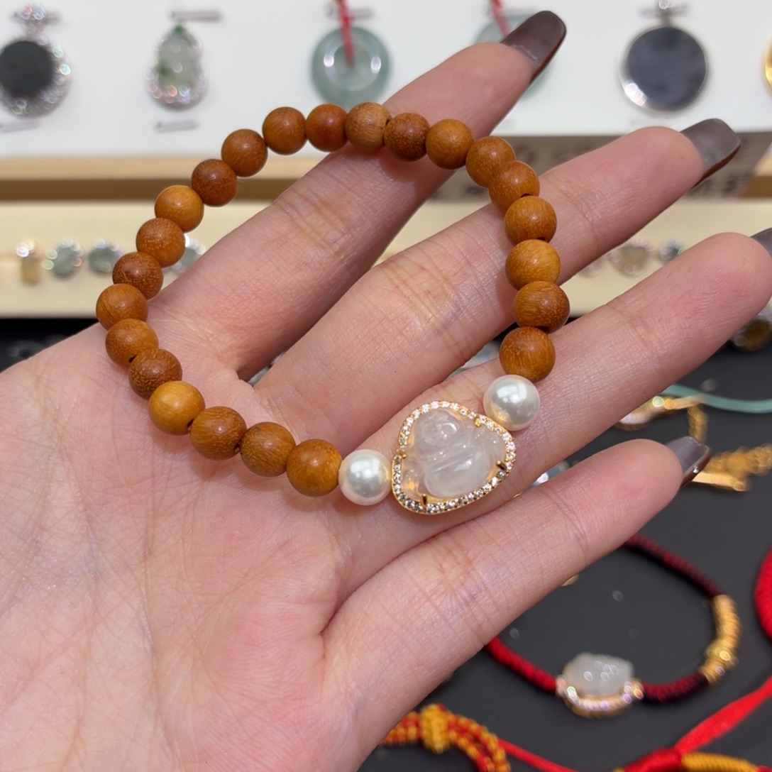 翡翠银S925镶嵌颈饰佛公手串