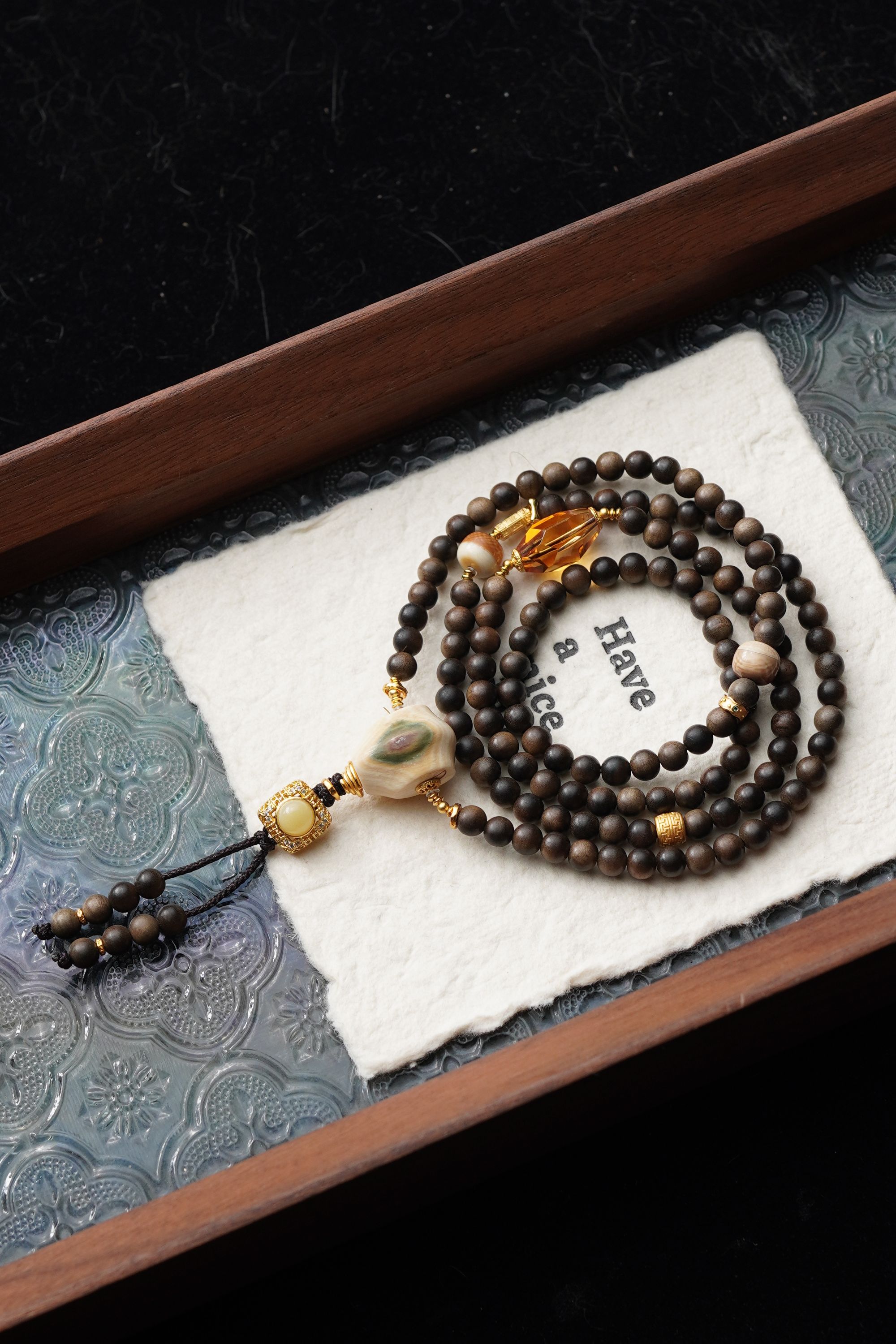 金戈铁犸 天然猛犸牙绿眼三通圆珠5mm沉水供料念珠手串