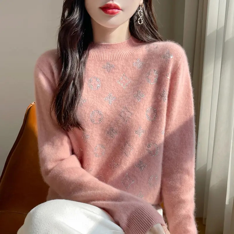 【100%羊毛】25冬季新款针织半高领四叶草镶钻宽松针织衫女