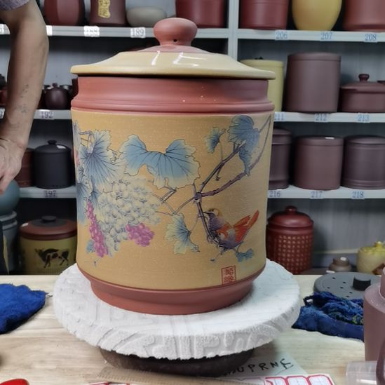 紫砂茶叶罐正品七饼宝塔花鸟款15