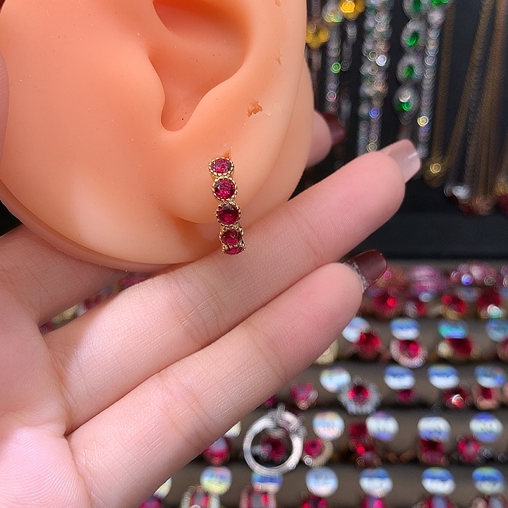 红宝石耳饰银S925镶嵌金