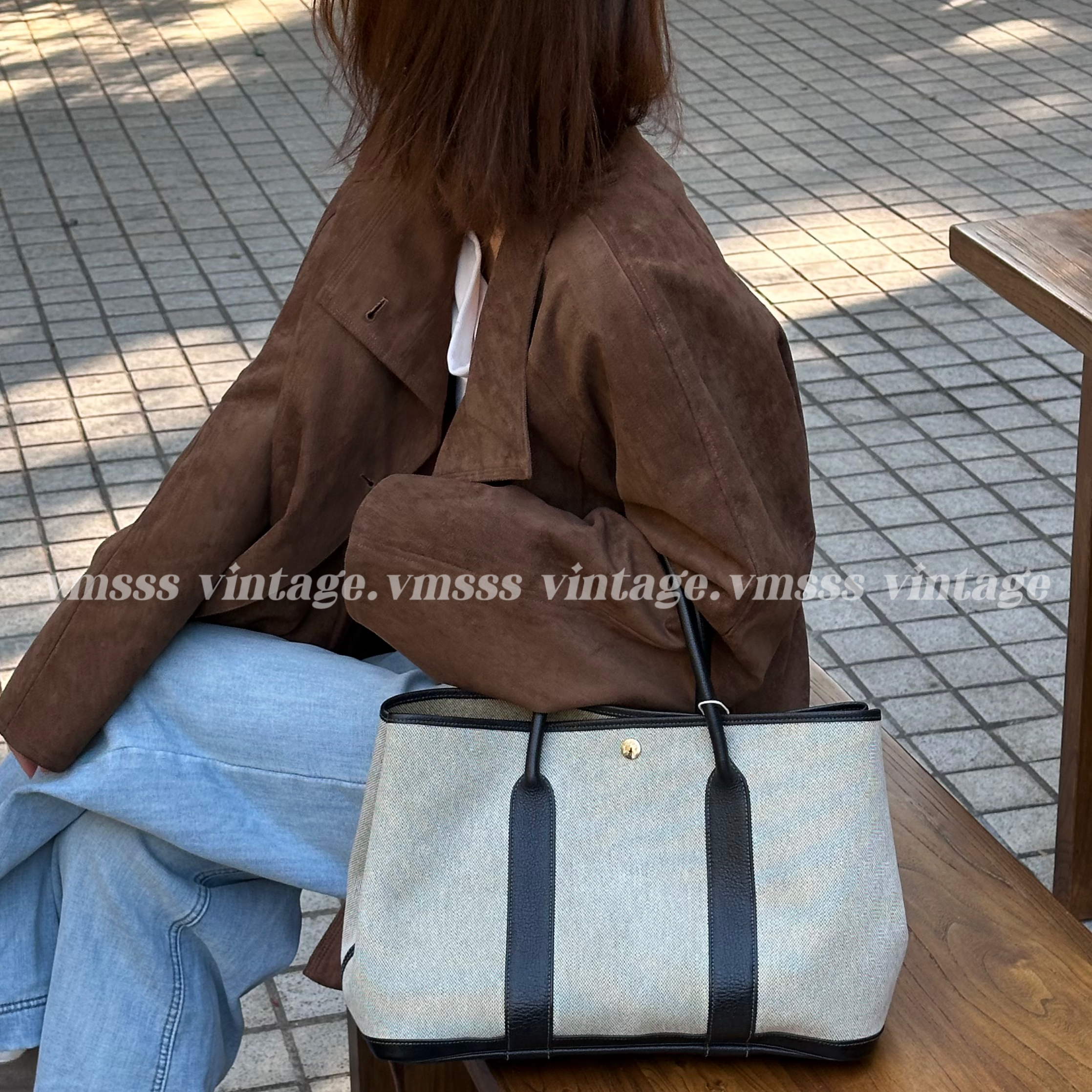 95新 Hermes/爱马仕 花园36拼色帆布手提包 框i银扣/52378