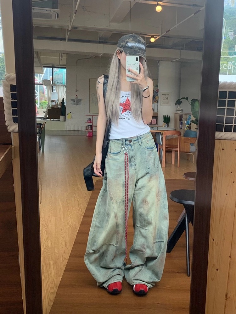 【现货+运费险+送挂绳】美式弯刀牛仔裤女秋季宽松阔腿拖地镰刀裤子