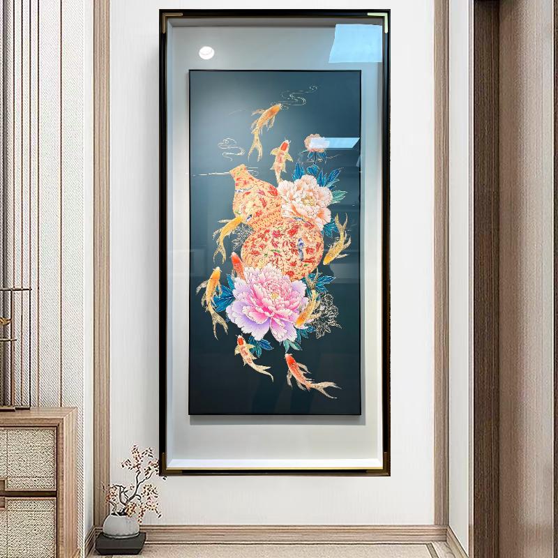 铜小鸭《牡丹九鱼福禄图》手工雕刻铜雕画 入户玄关挂画 过道装饰画