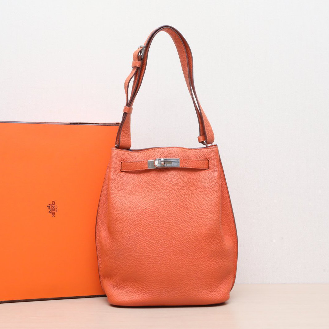 95新 Hermes/爱马仕 小花柳 单肩包 22 橙 Togo皮 框R 银扣