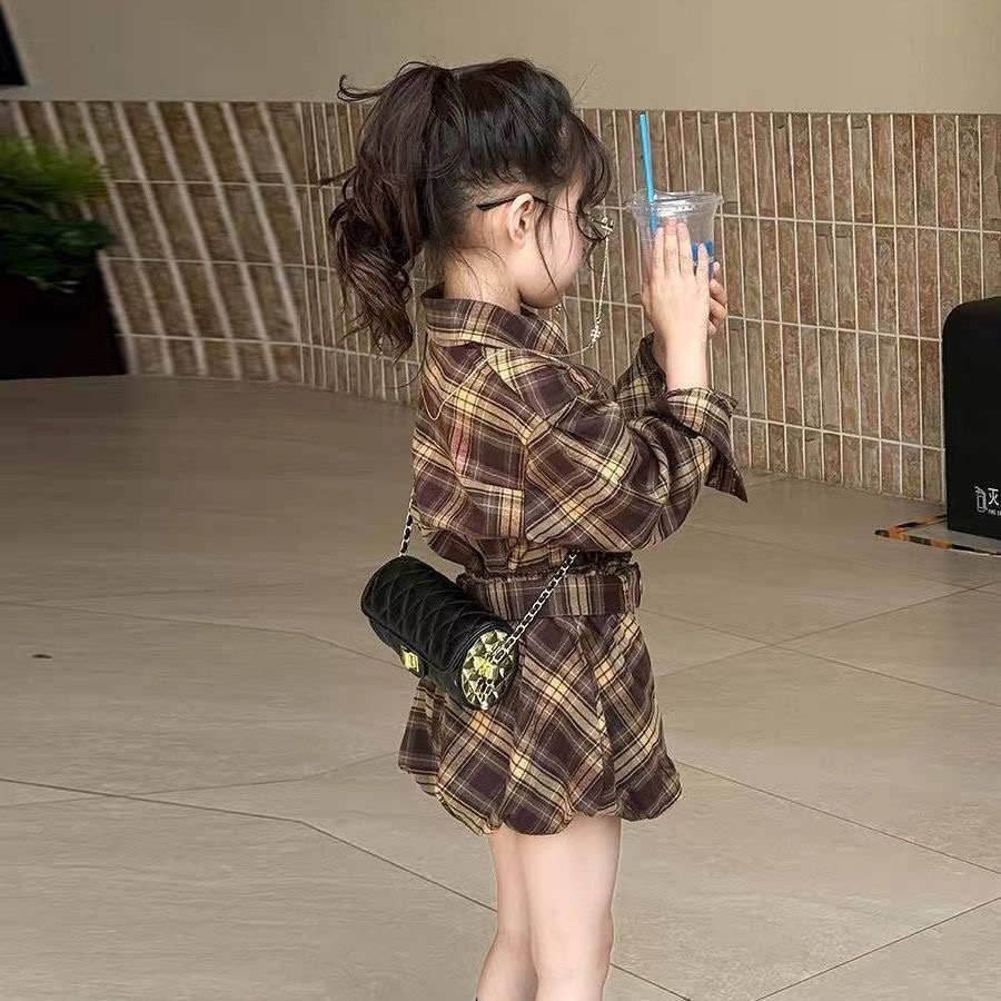 女童秋季新款套装洋气格子衬衫女宝宝花苞短裤洋气两件套
