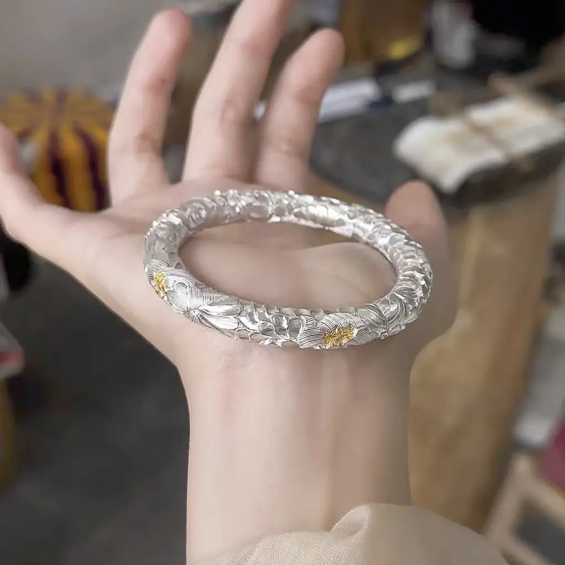 足银手镯 新中式复古足银9999手工点金牡丹银手镯情人节送女朋友