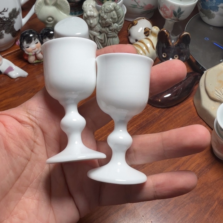 醴陵高温纯白高脚酒杯一对微瑕包邮